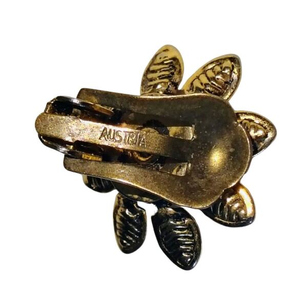 1990s Red Faceted Crystal Flower Gold Clip On Earrings Signed Austria - Picture 4 of 5